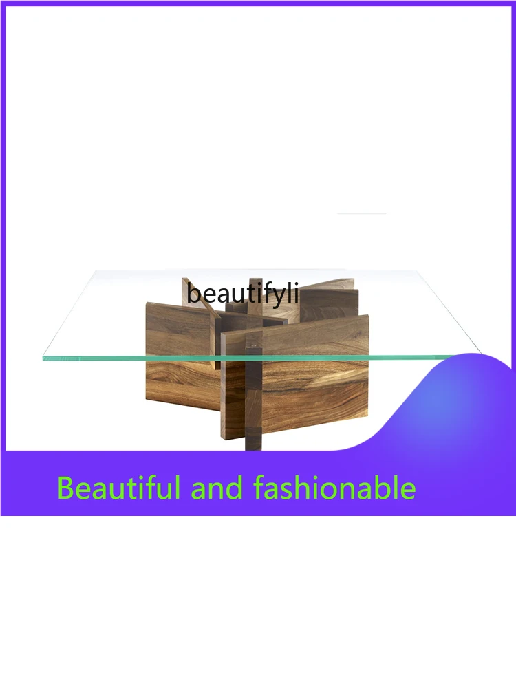 

Italian Minimalist Glass Coffee Table Solid Wood Coffee Tea Table Living Room Square Tea Table
