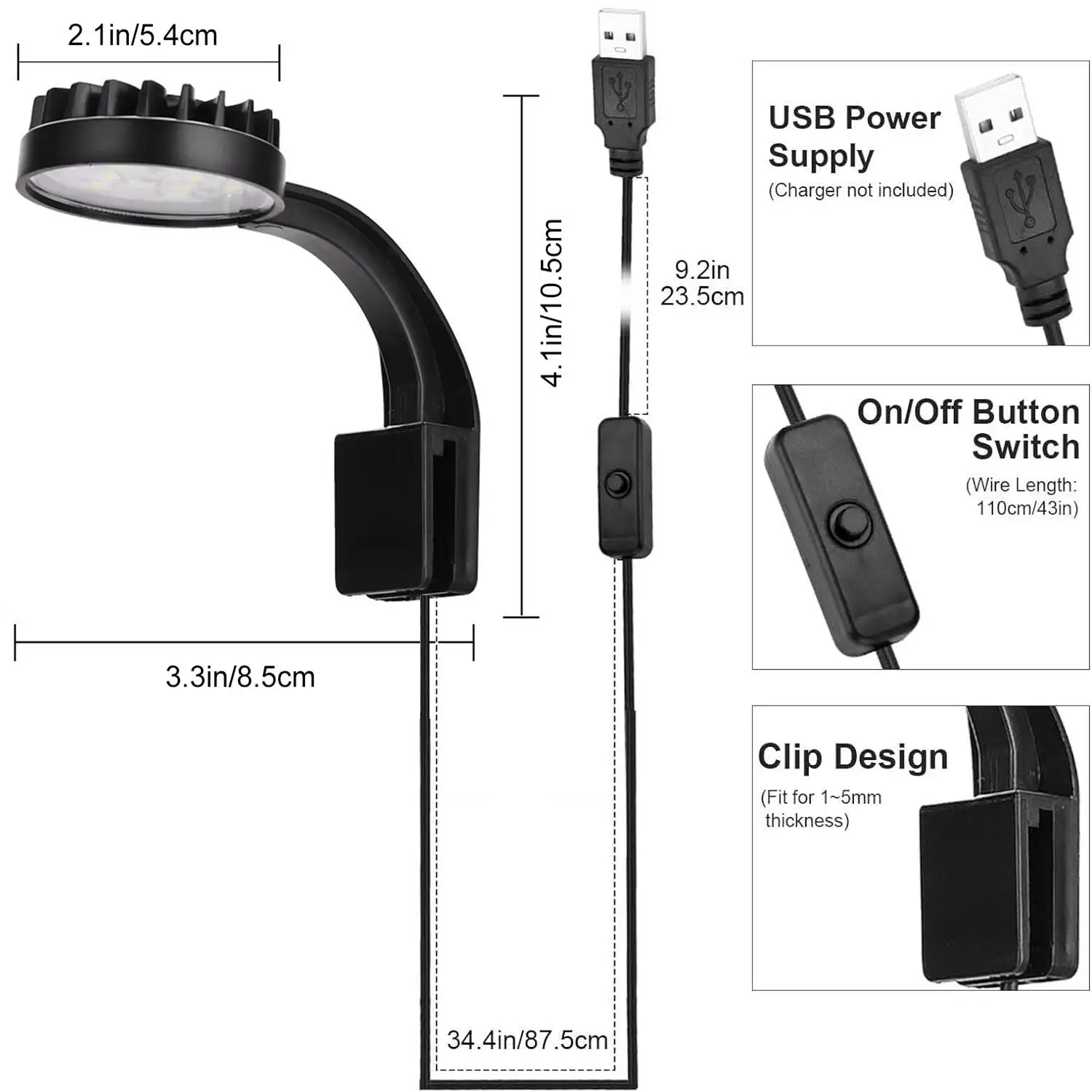 Luz con Clip pequeño para pecera, carga USB, fácil instalación, herramientas de iluminación para acuario, luz LED con Clip pequeño para acuario