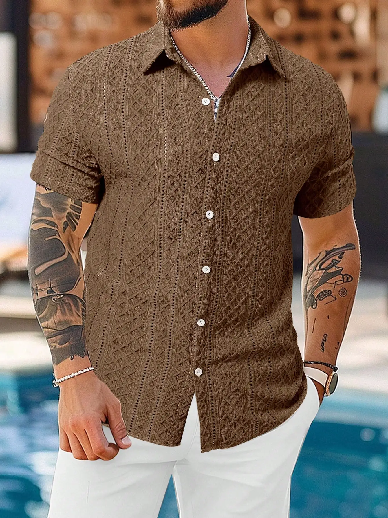 

Men's Brown Casual Short Sleeve Knitted Argyle Shirt With Turn-Down Collar