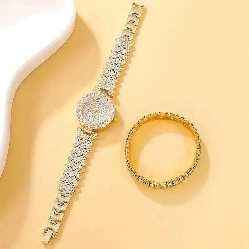 2pcs Women\'s Fashion Simple Gold Steel Band Quartz Watch Female Clock Women Bracelet Watches Set With Diamonds