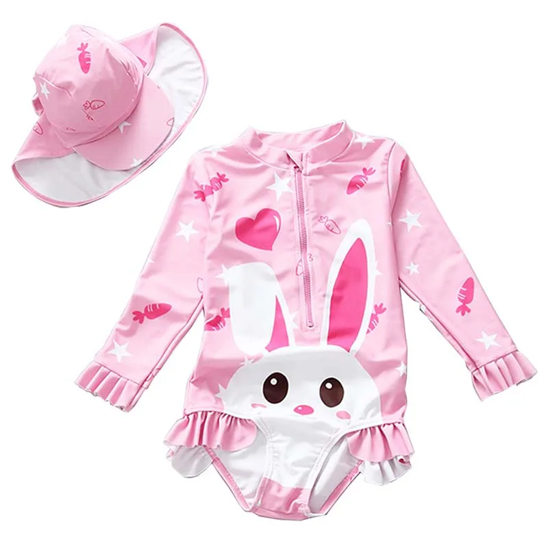 

Swimwear Baby Girls Summer Pink Blue Cartoon Rabbit Swimsuit with Hat Kids UV UPF50+ Long Swimsuit Girls One Pieces Bathing Suit