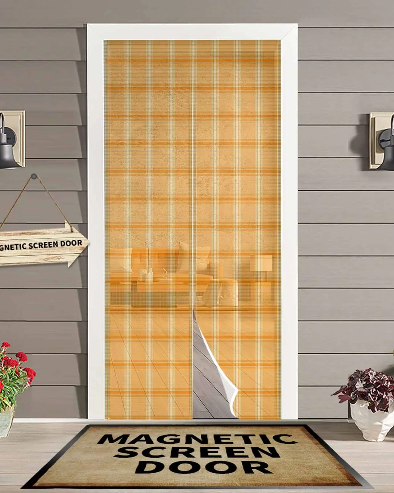 

Country Plaid Deep Orange Magnetic Door Curtain Living Room Bedroom Home Anti-mosquito Screen Door Curtain