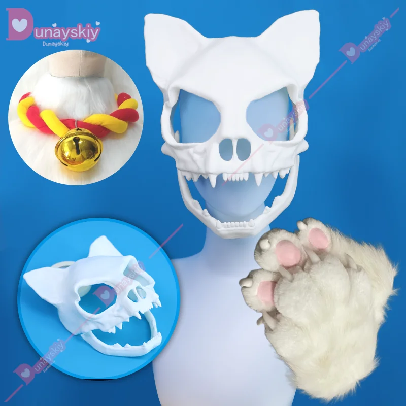 Máscara facial de esqueleto de gato de Anime, máscaras de esqueleto de Animal, disfraz de Cosplay de garra Unisex, accesorios de fiesta de Carnaval de Halloween, tasador