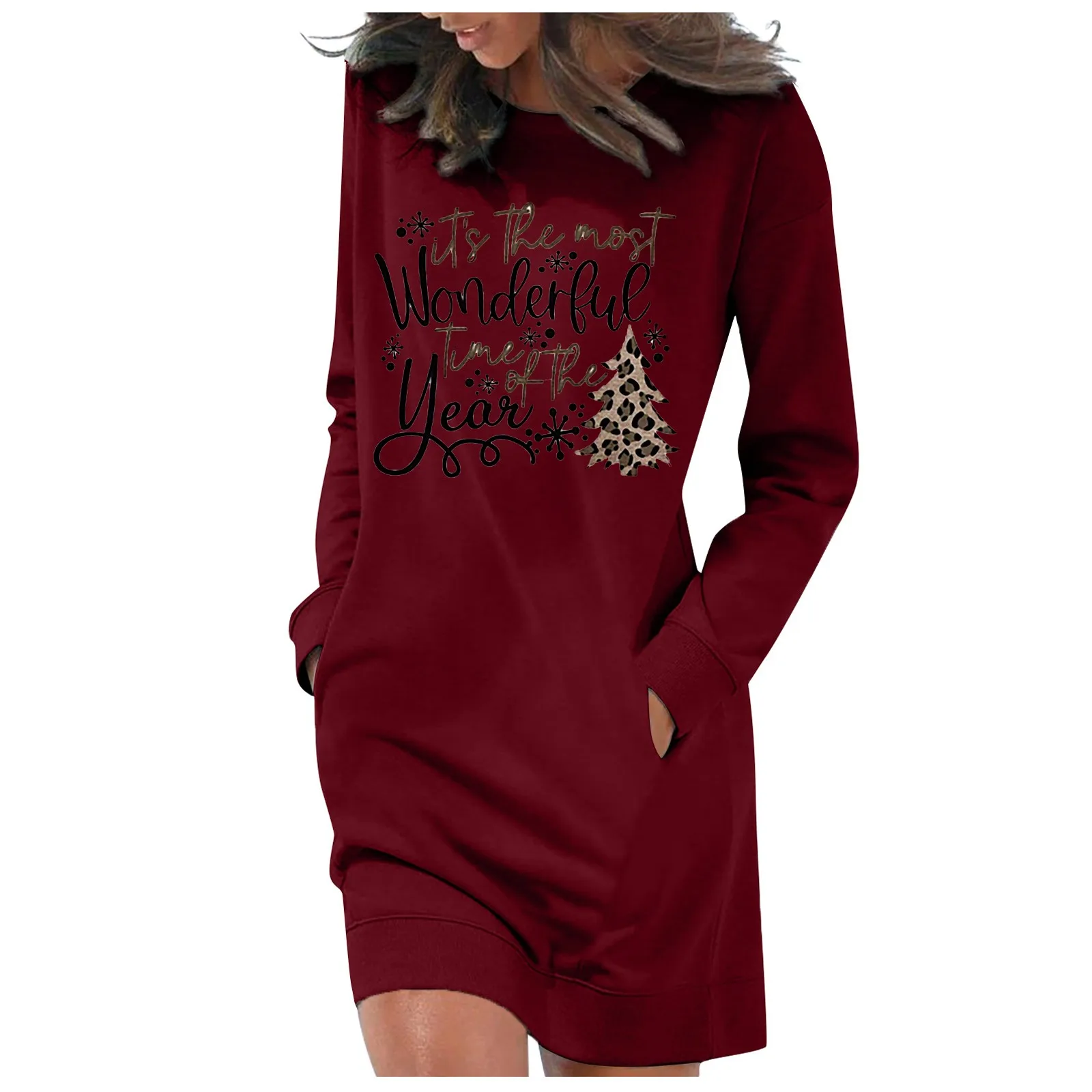 Autumn Winter Women\'s Fashion Christmas Printed Pockets Long Sleeve Pullover Dress 2023