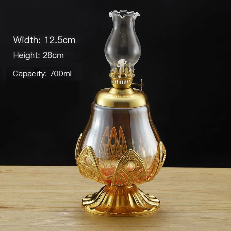 Large Capacity Windproof Kerosene Lamp Exquisite Golden Glass Oil Lamp Adjustable Light Petal Zinc Alloy Base