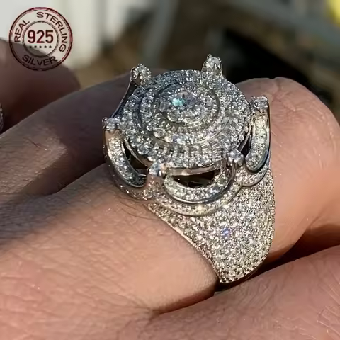 Solid 925 Sterling Silver Men's Ring Iced King Crown Hip Hop Round Cluster Rings Rapper Punk Vintage Jewelry Gift
