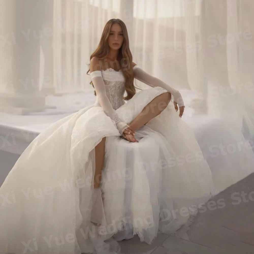 

Elegant A Line Women's Lace Wedding Dresses Vestido De Novia Off The Shoulder Long Sleeve Bride Gowns Customized Robe De Mariée
