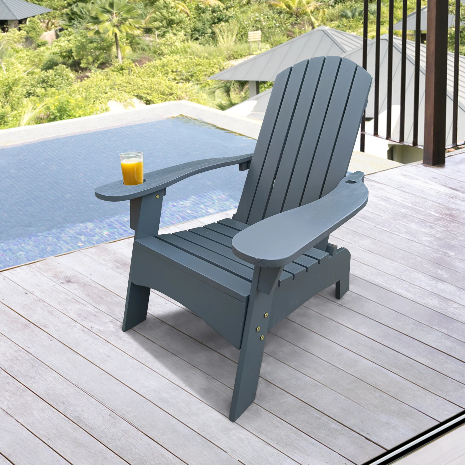 

Outdoor or indoor Wood Adirondack chair with an hole to hold umbrella on the arm ,Gray