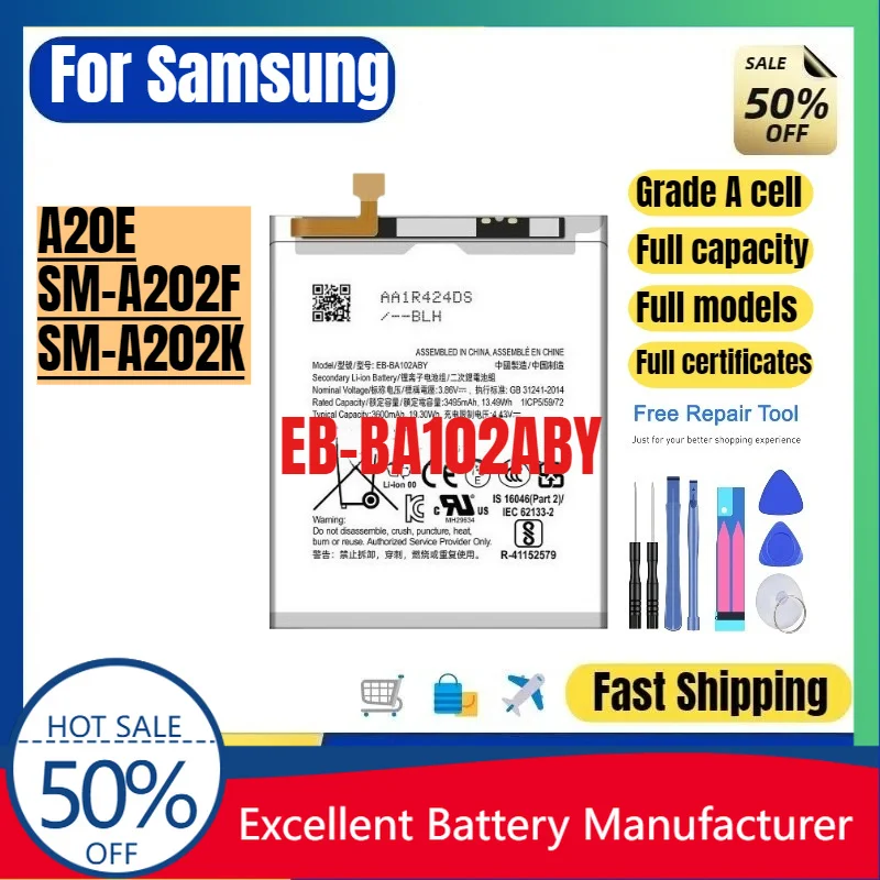 0 Cycle EB-BA102ABY Battery for Samsung Galaxy A20e SM-A202F SM-A202K Phone Replacement Lithium Polymer Bateria with Tools
