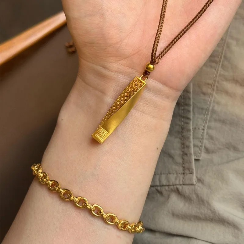 Luxury 9999 24K Solid gold certifid Fu word Qiankun column pendant necklace retro six-character mantra pendant
