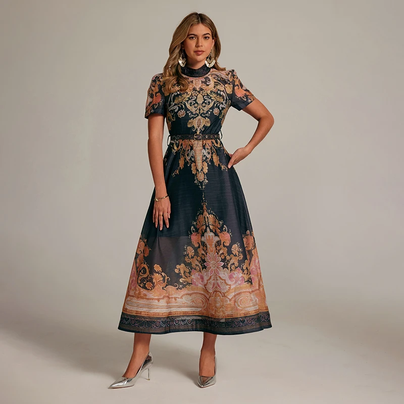 

Retro Court Sle Paisley Print ort Sve Long Dr Faionable Women's Dr Spring 2025 Collection Casual Wear