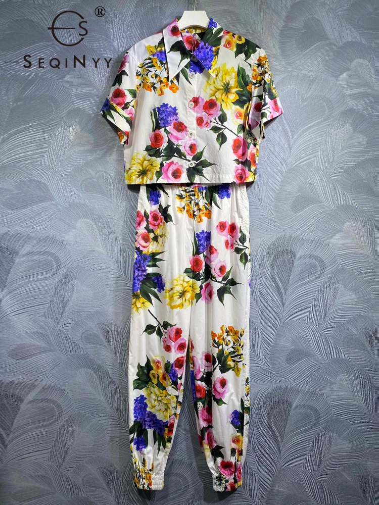 

SEQINYY White Suit Summer Spring New Fashion Shirt + Elastic Waist Pants Vintage Flower Print Sicily 100% Cotton Elegant