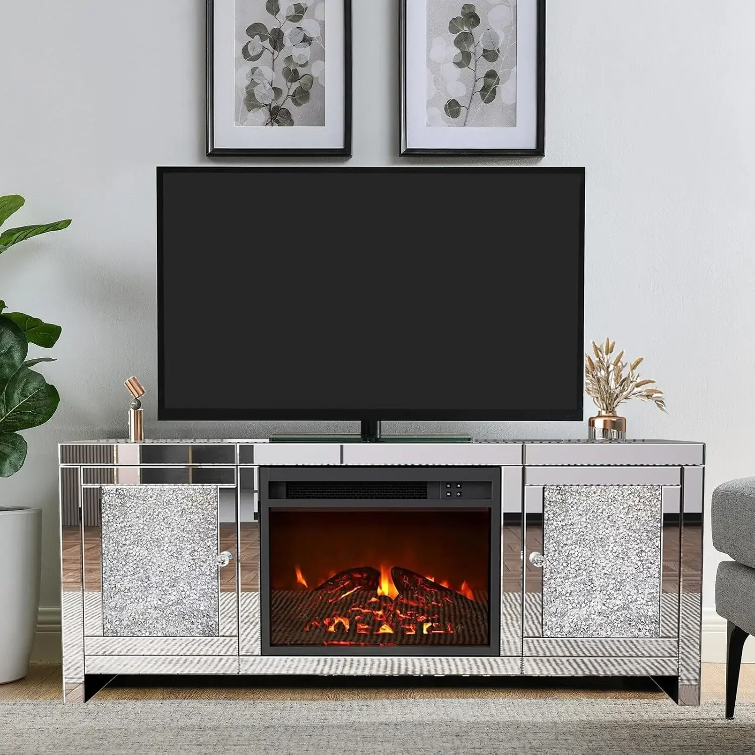 Silver TV Stand, Mirrored Fireplace TV Stand with LED Light Modern Entertainment Center with Storage for TVs Up to 55 Inch