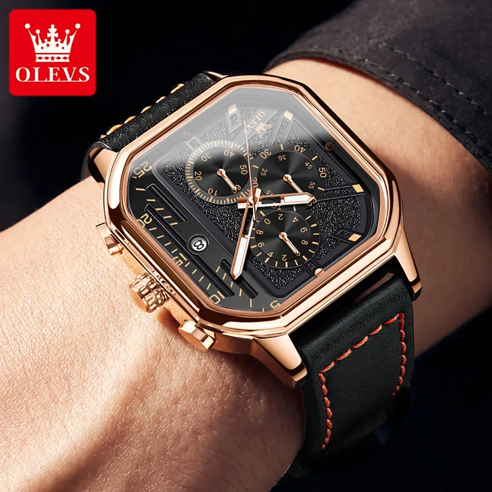 OLEVS 9950 Great Quality Square Quartz Watches for Men Waterproof Fashion Genuine Leather Strap Men Wristwatch Luminous Calendar