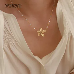 White Bead Chain Petal Pendant Stainless Steel Chic Necklace for Women Fashion Gold Color Charms Jewelry Bijoux Femme