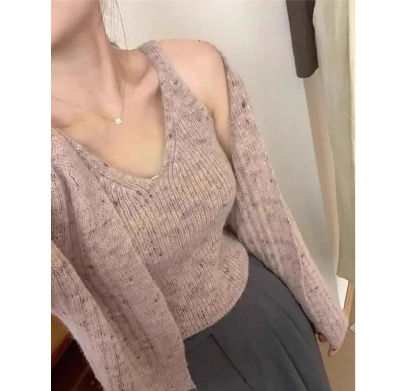 

Корейский стиль, короткий вязаный открытый кардиган, жилет, женский комплект из двух предметов, приталенный свитер, куртка, весенне-осенняя мода