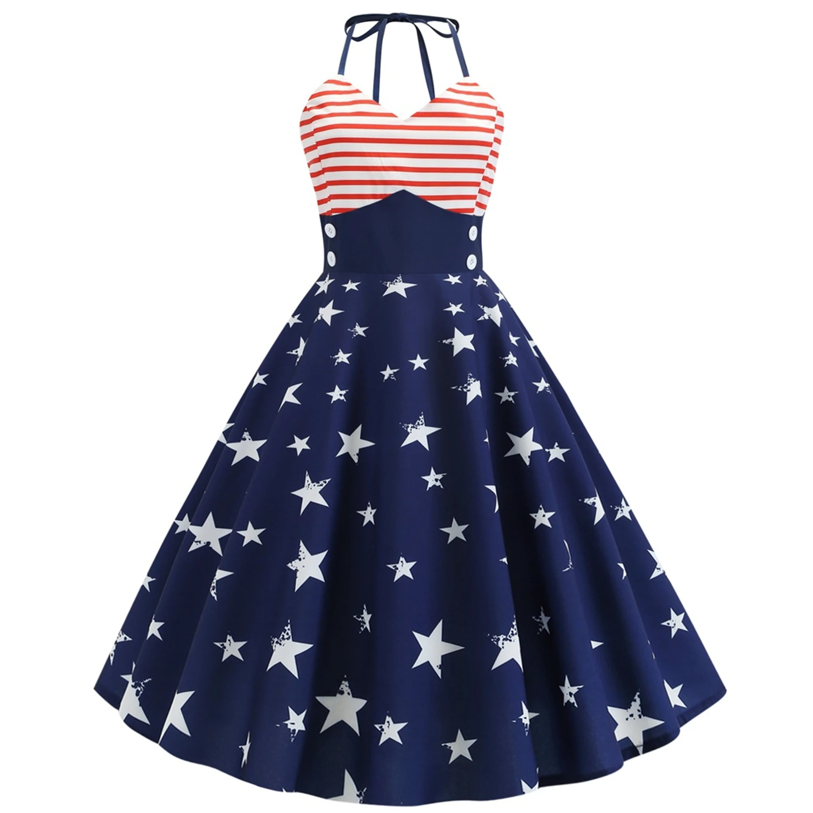 

Women American Flag Dress Independence Day 4th Of July Swing Dress Hanging Neck Stripe Star Print Dresses Polka Dots Ball Dress