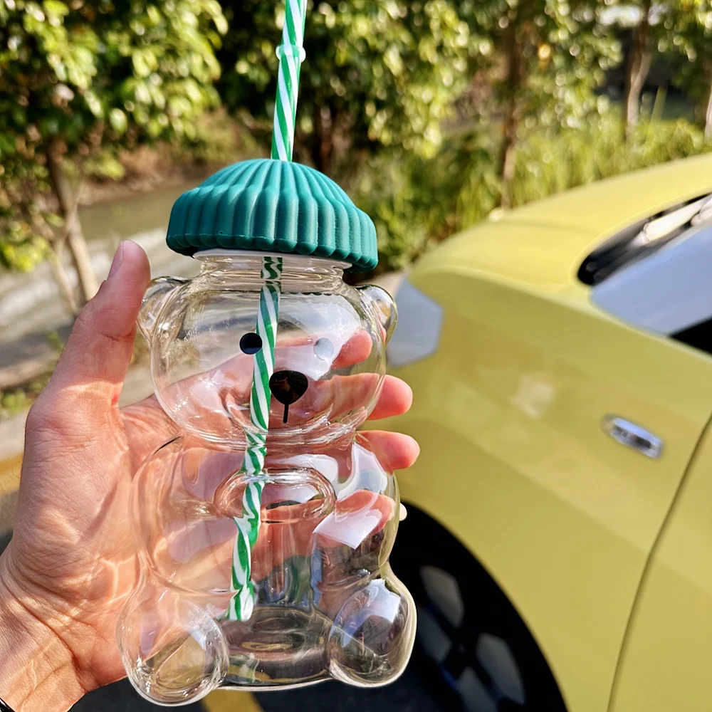 

2025 New 500ML Cartoon Bear Shaped Coffee Mug Cute Bear Mug Glass Cup With Straw Transparent Creative Milk Coffee Water Cups