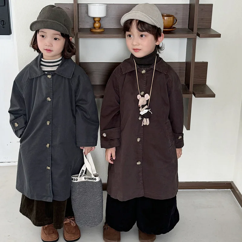 

18M-7Y Kids Jackets Autumn Girls Boys Long Coat Cotton Windbreaker Boys Girls Simple Coat Babies Coat