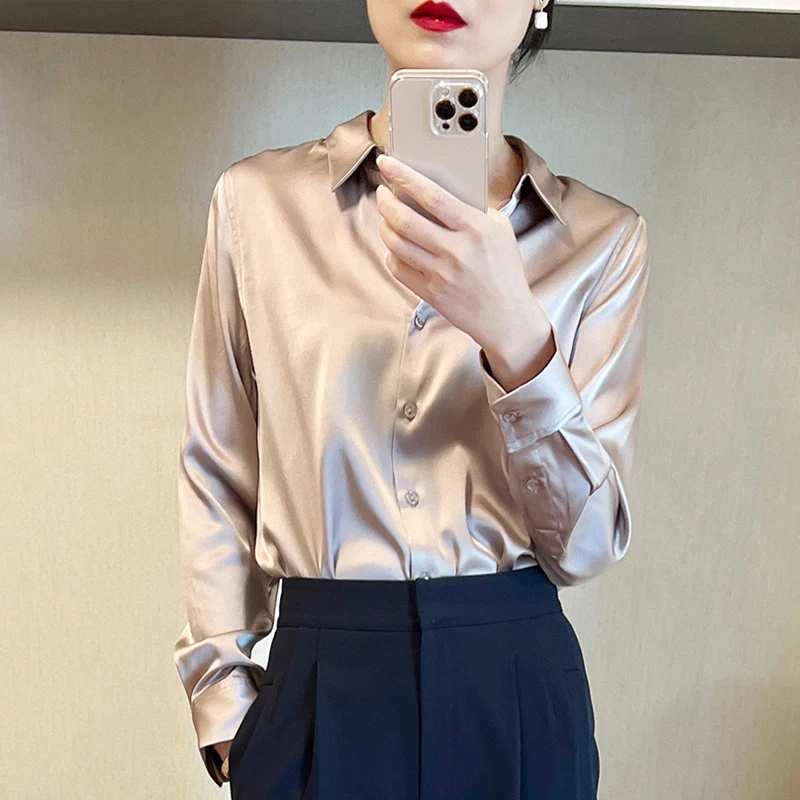 Autumn Fashion Button Up Satin Silk Shirt Vintage Blouse Women White Lady Long Sleeves plus size Street camisas feminina