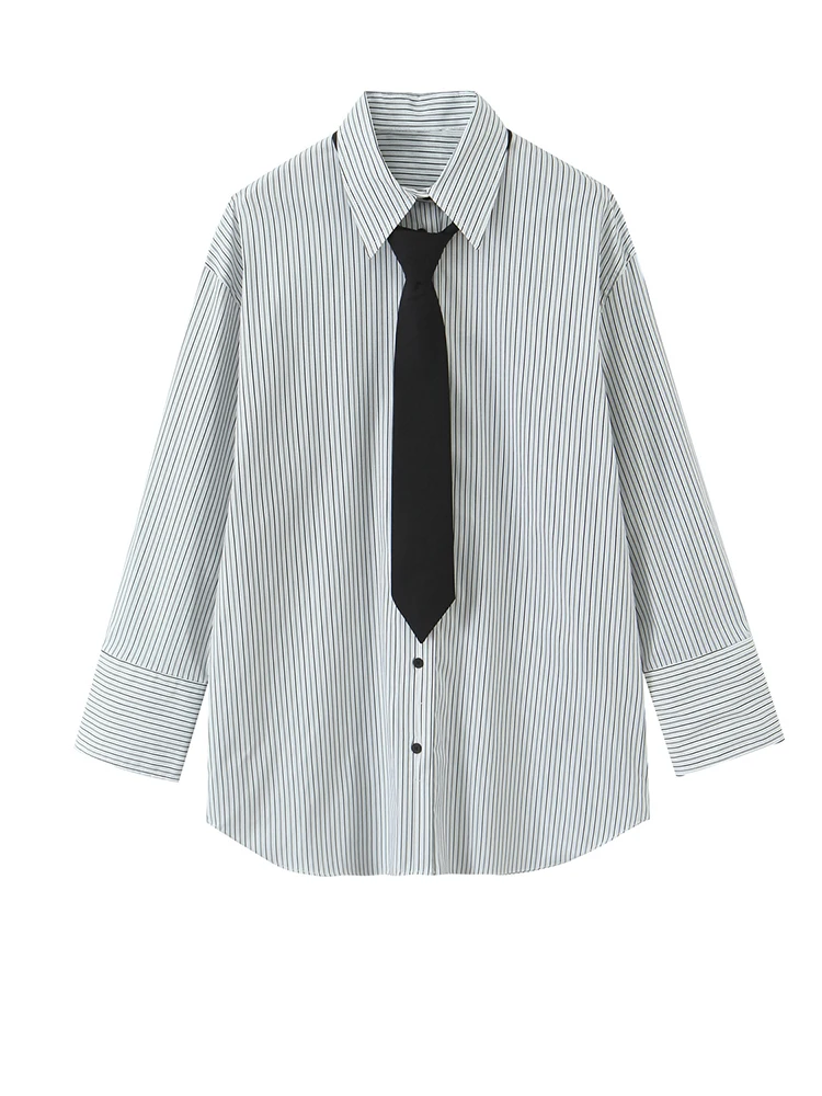 

Women Striped Loose Shirts With Black Tie Long Sleeve Sinlge Breasted Long Tops Blouses