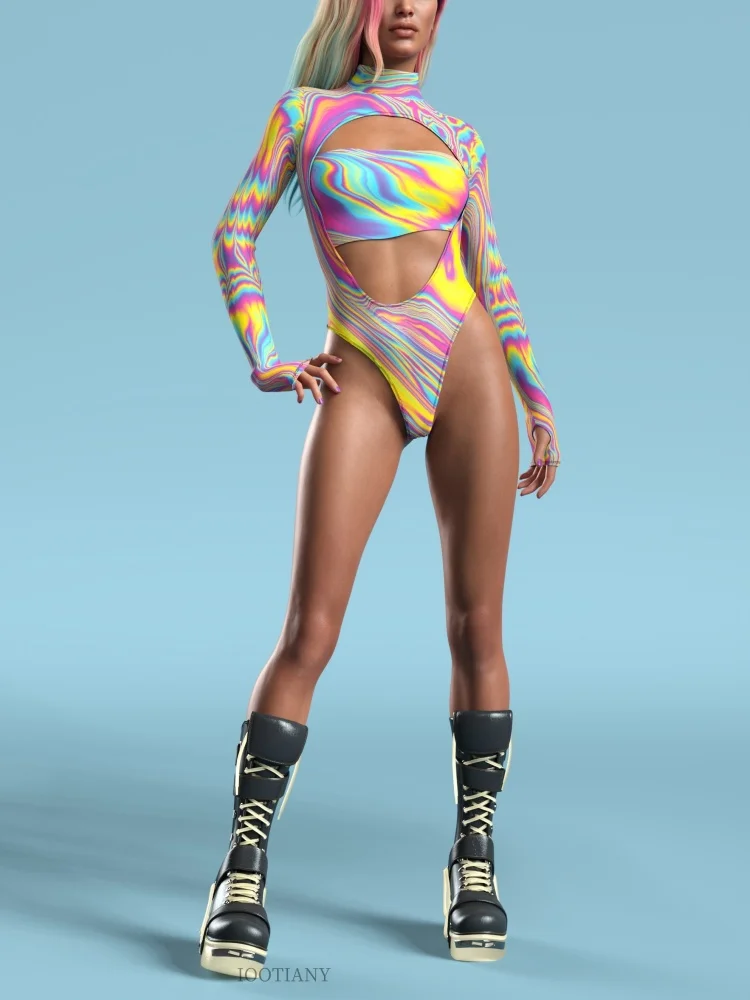 

Модный сексуальный облегающий женский сексуальный купальник с радужным принтом на Хэллоуин, карнавал, фестиваль, вечеринка, ролевая игра, сценический костюм