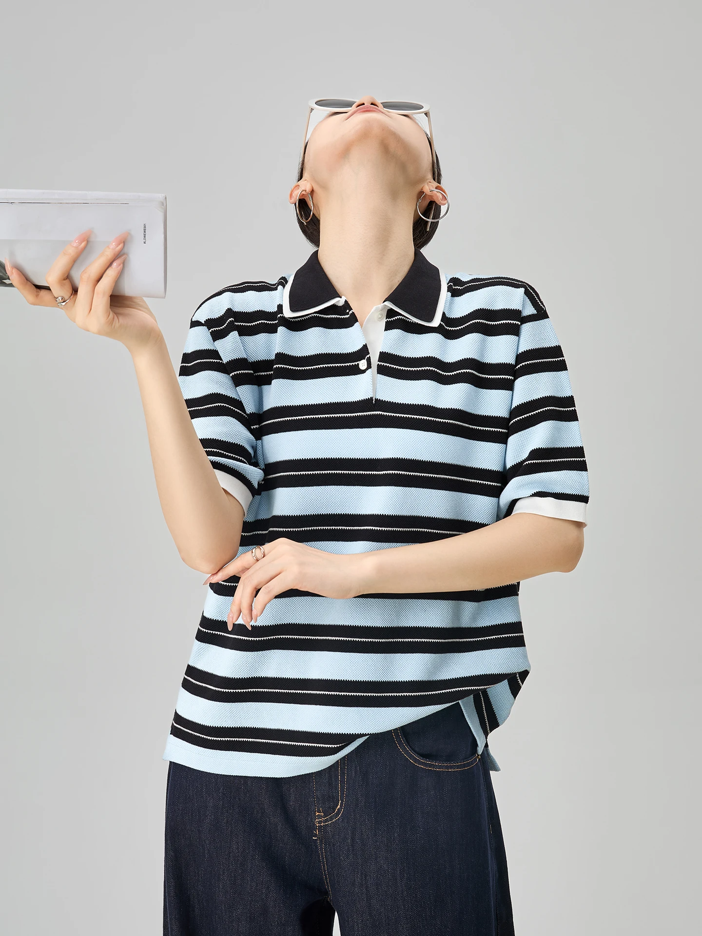 

Guuli Bla And Blue Striped irt Knitted ort Sve Women's T-irt Korean Sle Summer Top Straight Cut Polyester F...