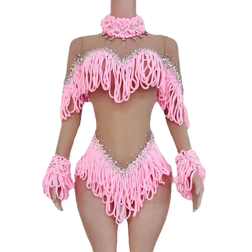 

Sparkly Rhinestones Pink Tassels Bodysuit Women Sexy Mesh See Through Performance Dance Birthday Costume Dancer Stage Wear