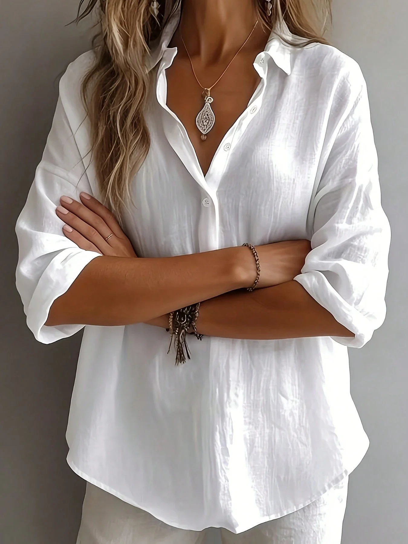 

Women Loose Linen Long Sleeve Solid Shirt Casual V-Neck Top All Season