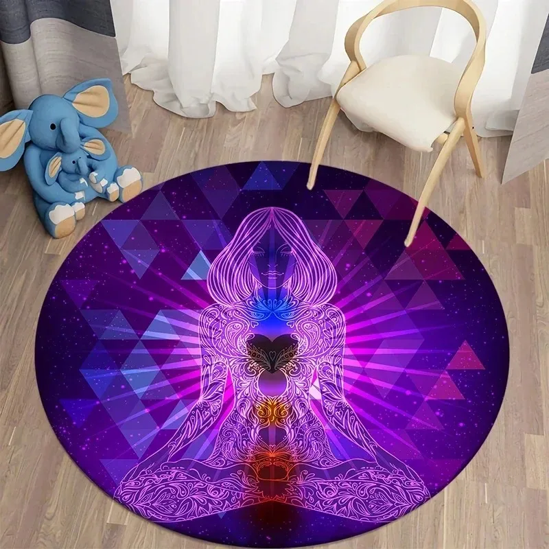 Yoga Round Rug Psychedelic Heart Chakra Printed Carpet Living Room Lounge Bedside Floor Mat Non Slip Gothic Decor