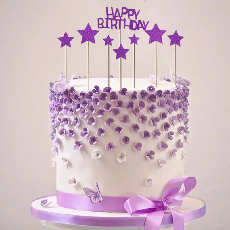 1 Set Glitter Star Happy Birthday Cake Topper Purple Cake Decoration Kids Birthday Party Decorations Baby Shower Supplies