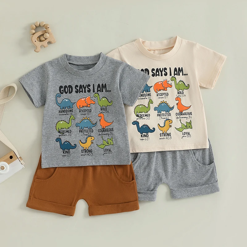 

0-4Years Toddler Boy Summer Outfits Dinosaur Letter Print Round Neck Short Sleeve Tops with Solid Shorts Infant Baby Outfit