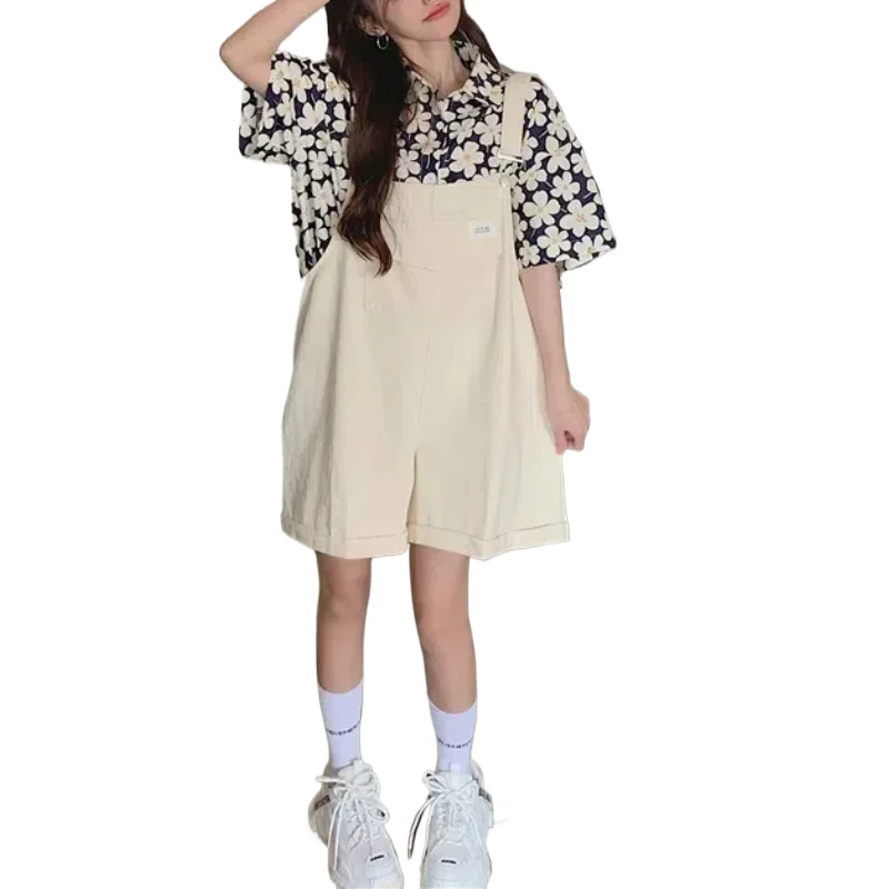

Summer Minimalist Casual Loose Streetwear Strap Short Pants Polo-Neck Short Sleeve Floral Shirt Stylish Women's Clothing Suit