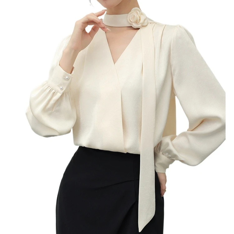 

Apricot Blouse Women French Style 3D Flower Ribbon Elegant Chic Shirt Autumn Fashion