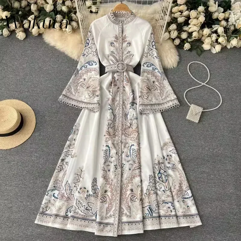 WAKUTA Russian Vintage Round Neck Flared Sleeve Printed Dress Single Breasted Belt Hem Irregular Pleated Vestido Elegante Mujer