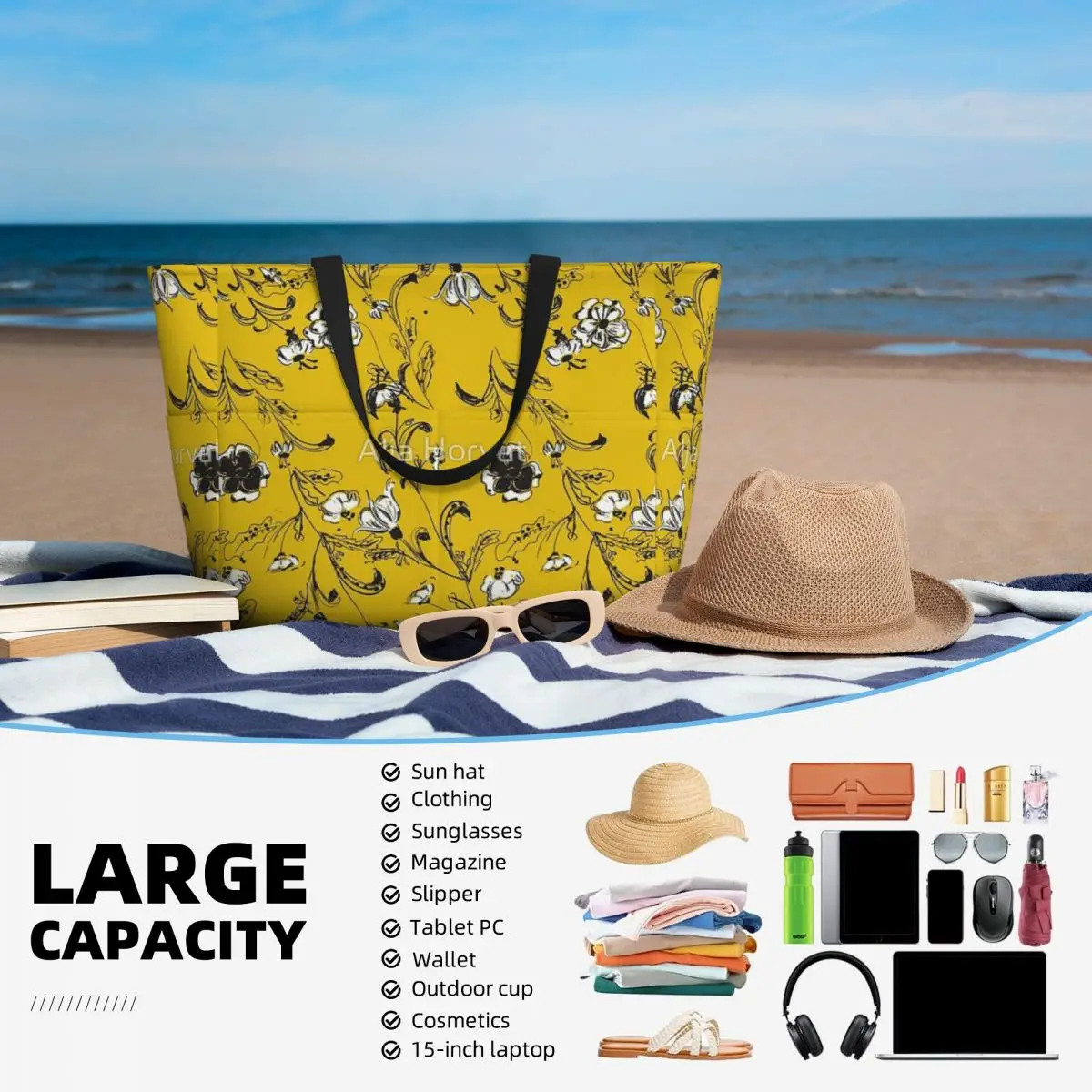 Bolsa de viaje de playa Floral amarilla, bolso de mano moderno de gran capacidad, bolso de hombro de viaje, patrón multiestilo