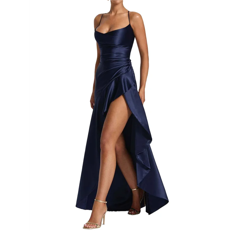 AOAO- فستان كوكتيل نسائي برقبة على شكل حرف V بدون أكمام من الساتان بحاشية مكشكشة ضيقة وطويلة غير رسمية مفتوحة من الخلف بفتحة عالية #1