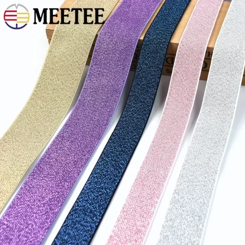 Meetee 2/5/10M 25-50mm Nylon Spandex Tape Gold Silver Silk Elastic Band Rubber Webbing Waistband Skirt Belt Sewing Accessories