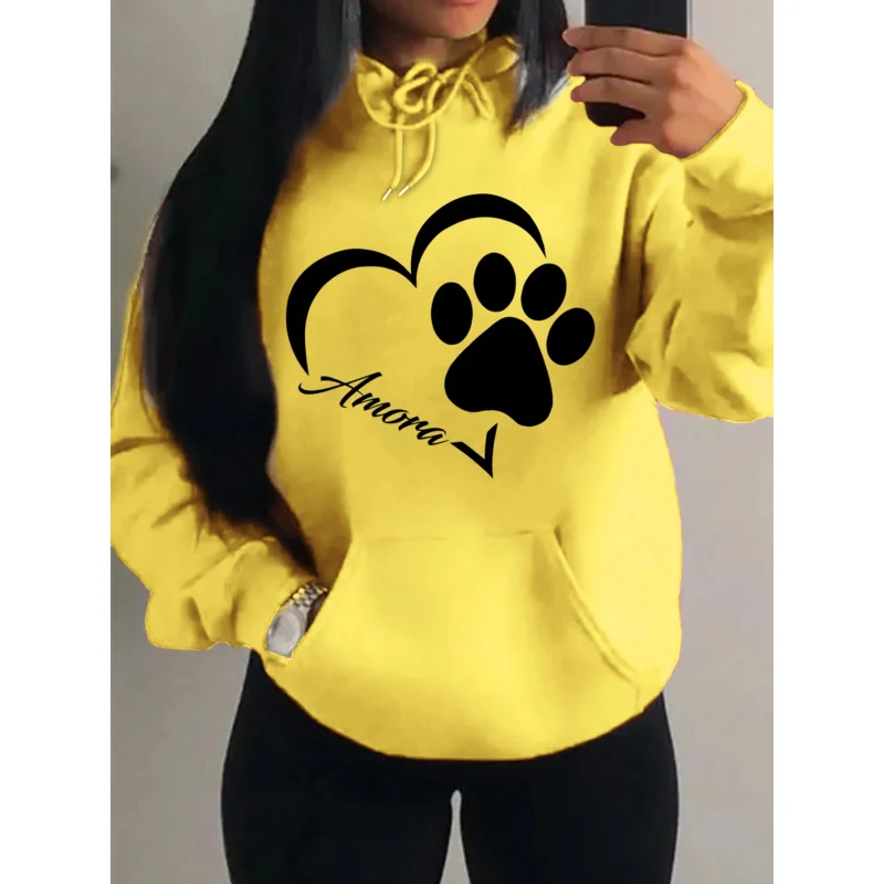Liebe und kleine Katze Fuß kreativer Druck Frauen Hoody Mode Herbst Sweatshirt Tasche Hoodie Sport Stil bequemer Pullover