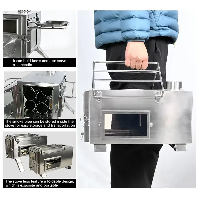Multi-Function Folding Stainless Steel Wood Burning Camping Heater with Chimney Portable Tent Stove Cookware and Storage Bags