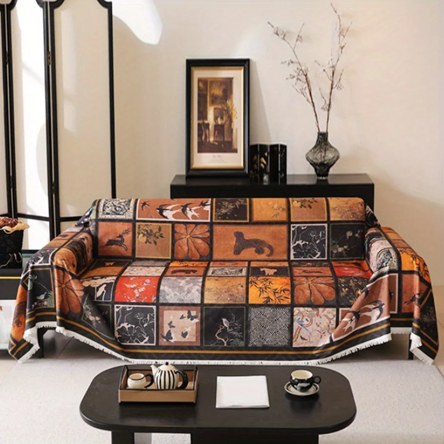 1pc Old Money Style Chenille Sofa Towel Retro Painted Grid Print Sofa Throw Blanket with Tassels All-cover Couch Protector