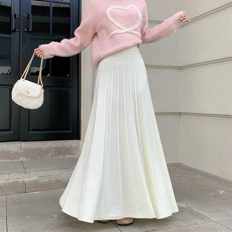 

Белая вязаная плиссированная юбка А-силуэта женская, с завышенной талией, облегающая, повседневная, расклешенная, длинная, для осени и зимы