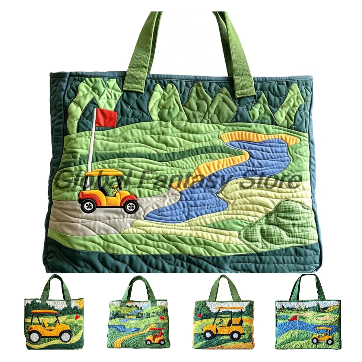 

Golf Cart & Course Quilted Tote Vintage Retro Shoulder Bag Casual HandBag Women Daily Shopping Bags