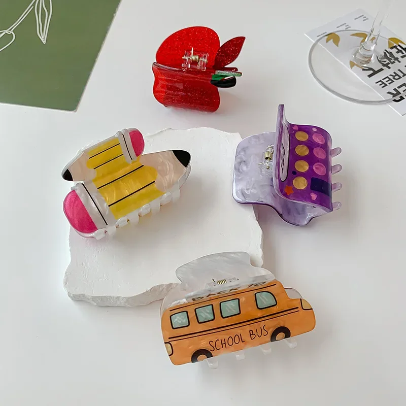 New Cute Cartoon Car Hair Claw Acrylic Pencil School Bus Phone Crab Hair Clip Student Hairpin Hair Accessories for Women Girl