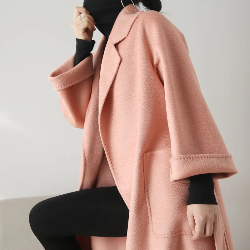 High-end Women Fashion Water Ripples Woolen Overcoat Long Length Loose Fit Wrinkle-free Beautiful Lace-up Wool Coat Outerwear