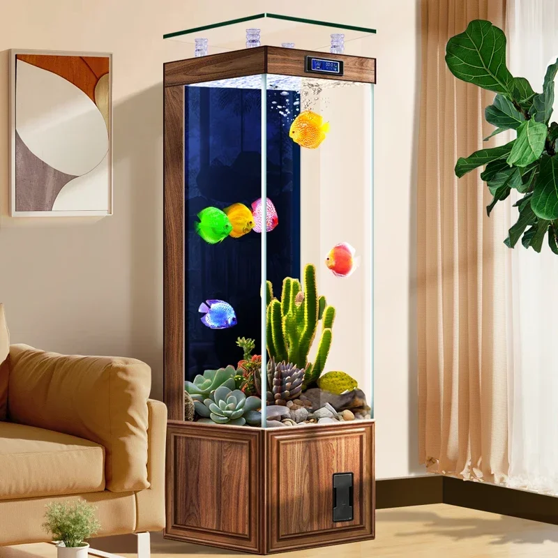 New Chinese imitation solid wood fish tank living room vertical floor ultra-white glass back filter small square tank