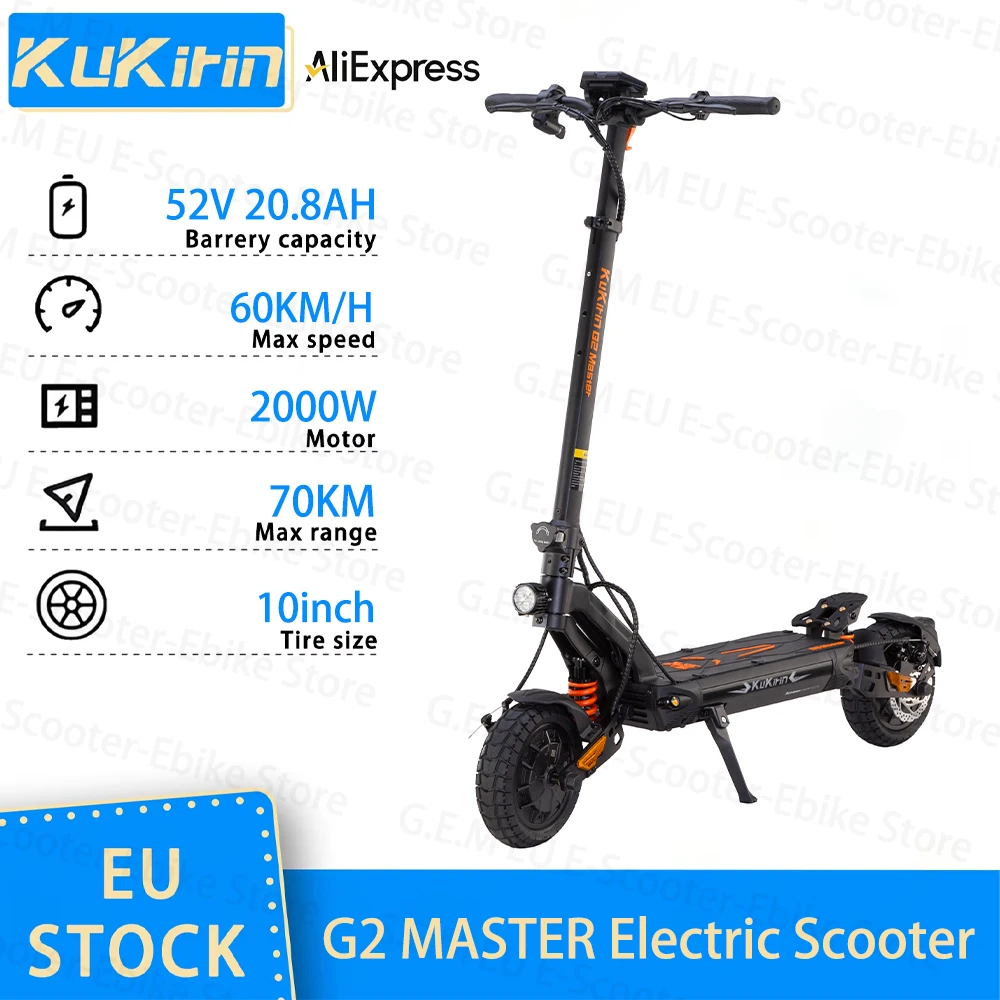 Trottinette électrique Kukirin G2 Master à double moteur, puissance 2000W, batterie haute capacité 52V 20.8Ah, vitesse maximale 60 km/h, amortisseur hydraulique, pneus de 10 pouces