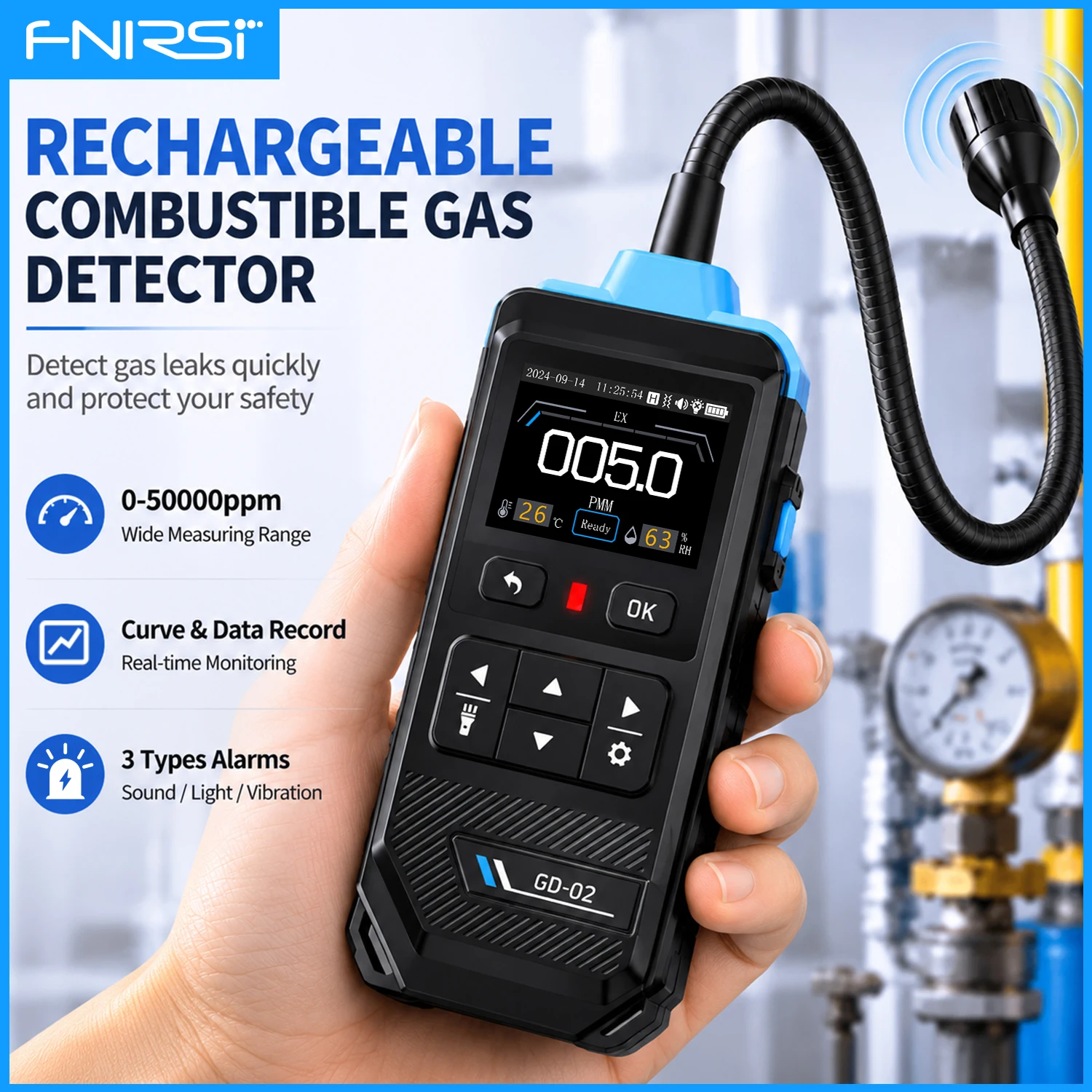 FNIRSI GD-02 Portable Gas Leak Detector 0~50000 PPM Methane Propane Isobutane Leakage Alarm for Industrial and Domestic Use