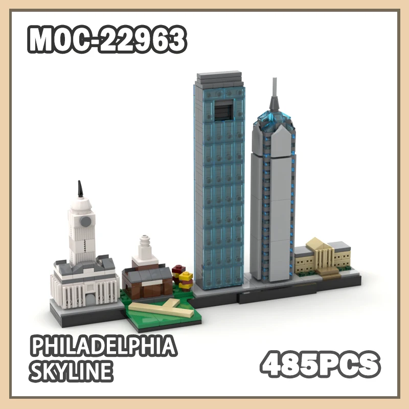 MOC-22963 Мини-городский орнамент Филадельфия Skyline знаменитые здания блок модель набор кирпичей креативные подарки миниатюрные DIY 485 шт.