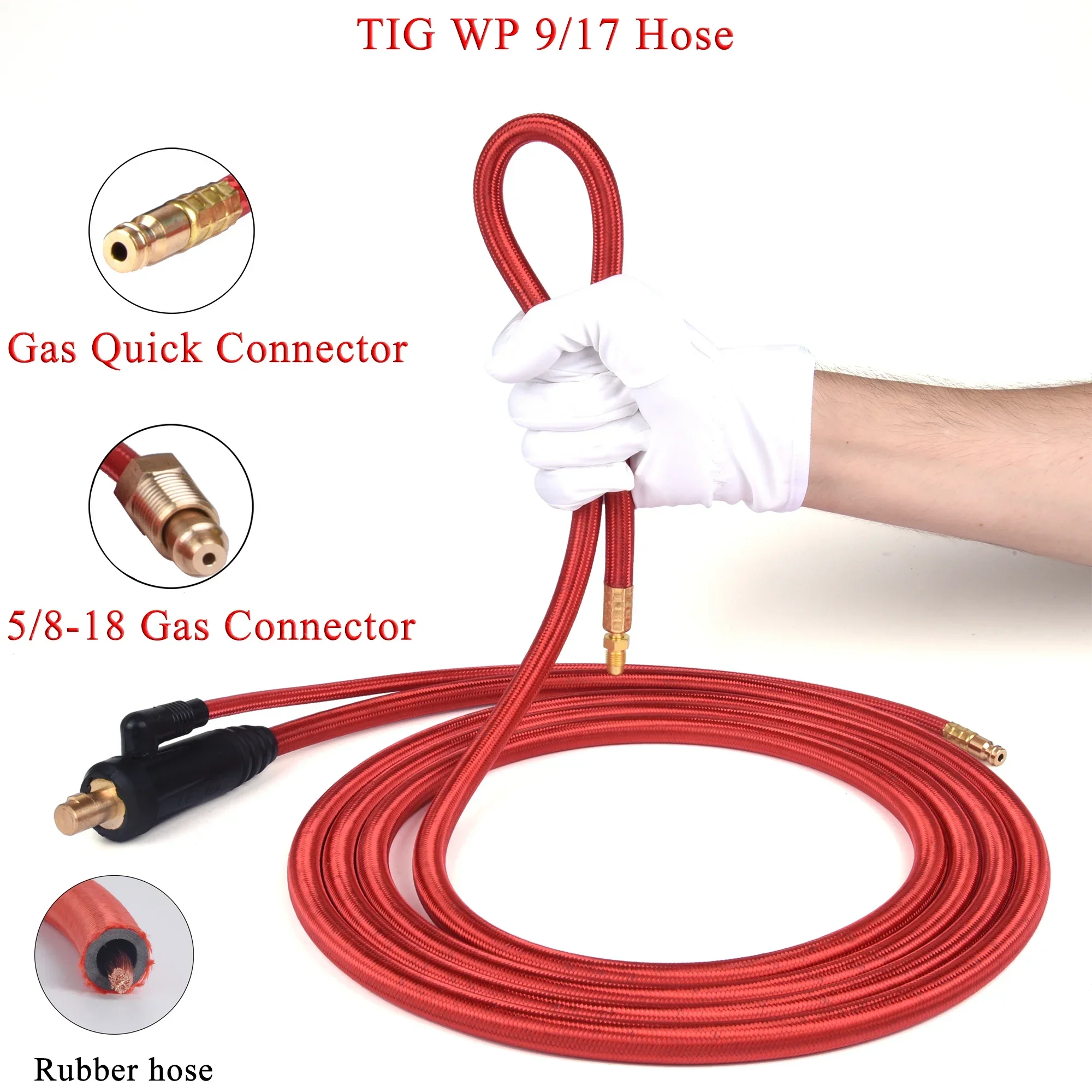 3.8m/7m WP9 WP17 TIG Welding Torch Gas-Electric Integrated Red Rubber Hose Cable Wires 5/8 Quick Connector 35-50 Euro Connector